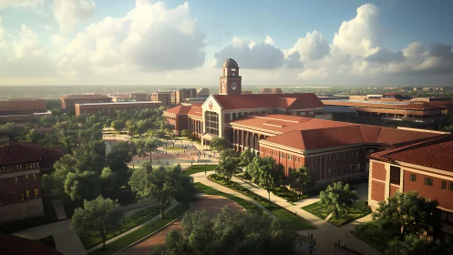 Large academic campus quad with central clock tower building.