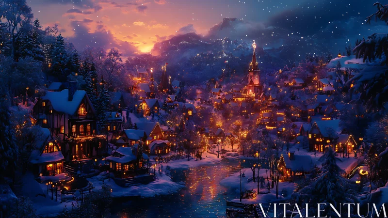Winter village river at dusk with glowing festive lights.