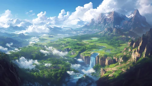 Sky-brushed valley kingdom with thunderous crystal falls.