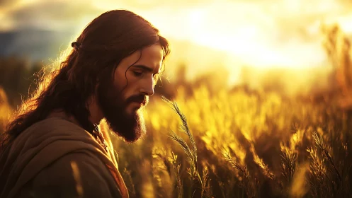 Peaceful robed figure walking through glowing golden field.