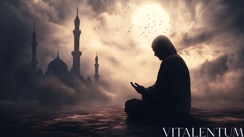 Silhouetted worshiper in moonlit mist beside distant mosque.