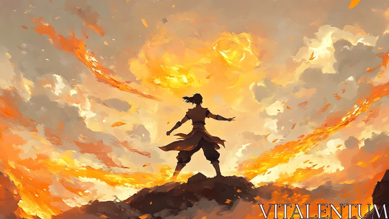 Warrior Silhouette Rising Through Inferno Clouds