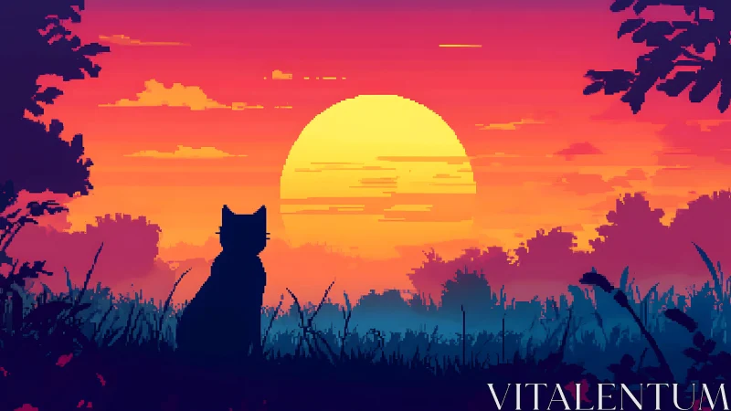 Cat silhouette watching glitchy pixel sunset horizon.