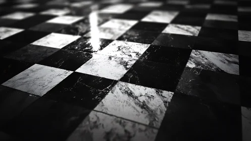 Wet marble checkerboard floor reflects dramatic light.