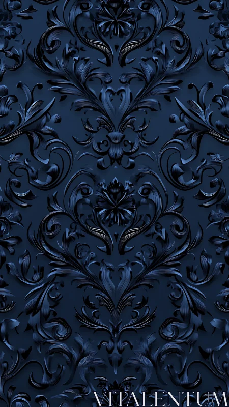 3D baroque damask relief with sculpted midnight foliage pattern.