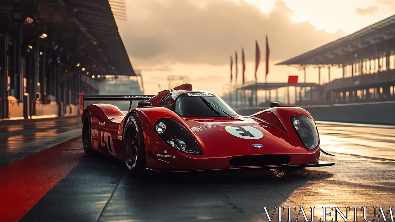 Sunlit red race car waits calmly on an empty grand prix track
