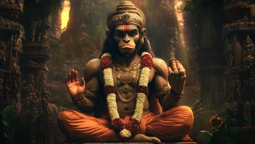Hanuman-like monkey deity in ornate jungle shrine render.