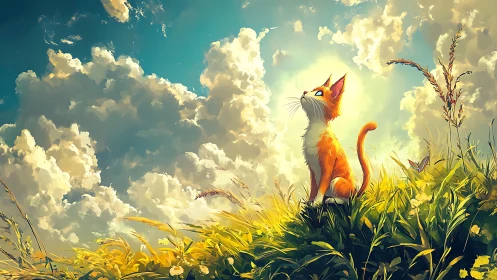Orange Cat in Sunlit Field Beneath Clouded Sky