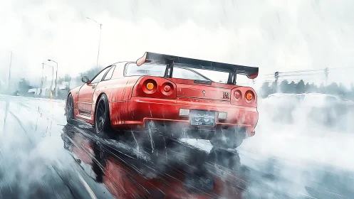 Rear-biased dynamic study of red sports coupe on wet reflective asphalt