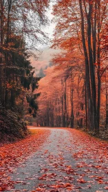 Autumn forest path draped in fiery foliage and mist.
