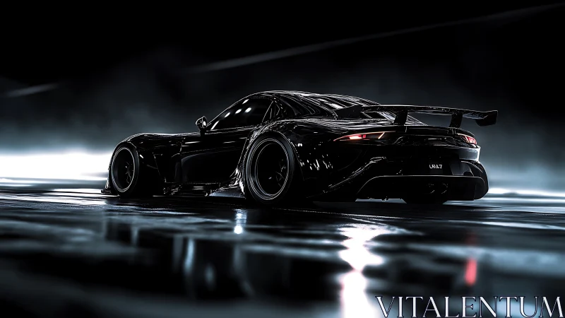 Midnight supercar glides across a neon‑lit wet track.