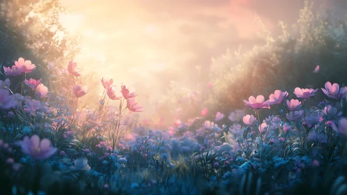 Luminous Flower Field at Golden Hour Dawn.