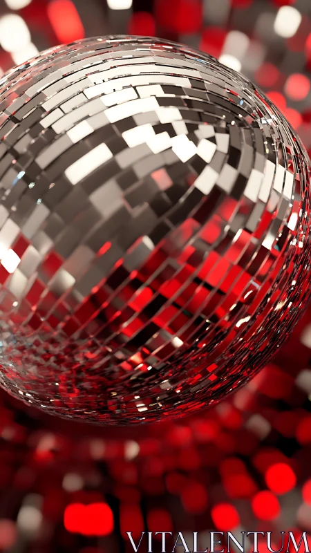 Mirror-tiled disco planet spins through molten red bokeh space