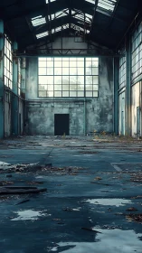 Derelict industrial warehouse interior shows decay and emptiness