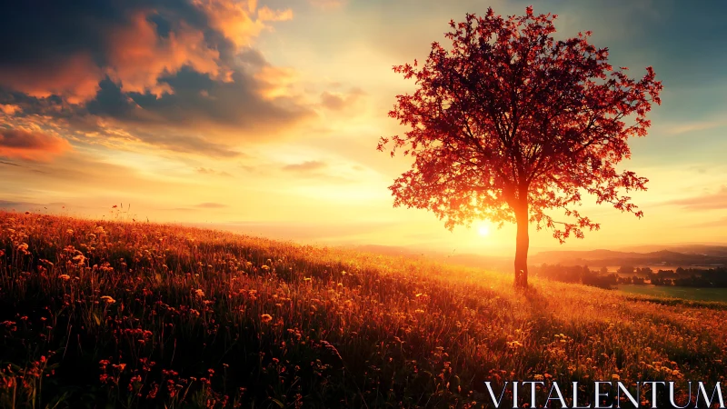 Solitary tree on wildflower hillside at low sun angle.
