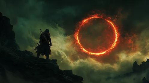 Digital painting of lone warrior under fiery celestial ring.