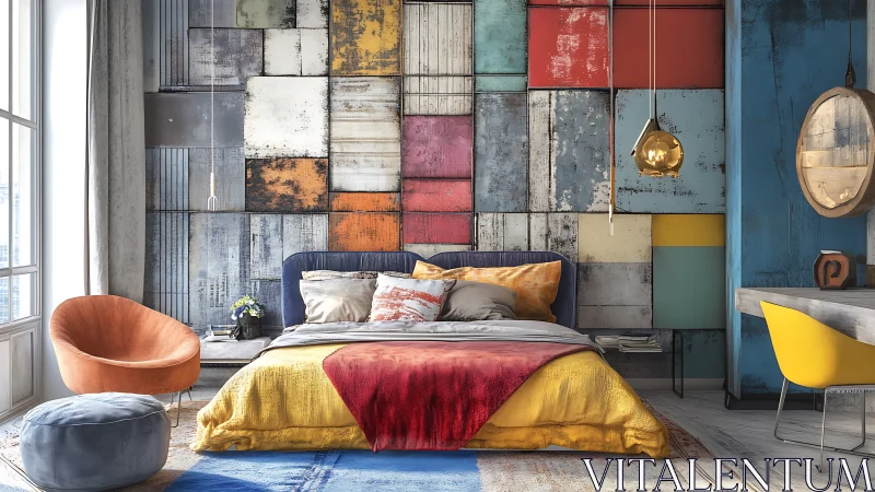 Eclectic bedroom with geometric accent wall and layered textiles.