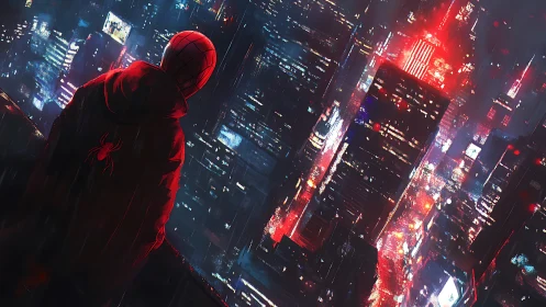 Spider-hero silhouette surveying neon-saturated rainy megacity.