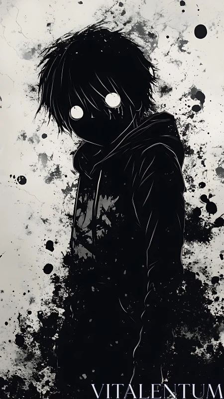 Silhouetted hooded figure stands amid black ink splatters