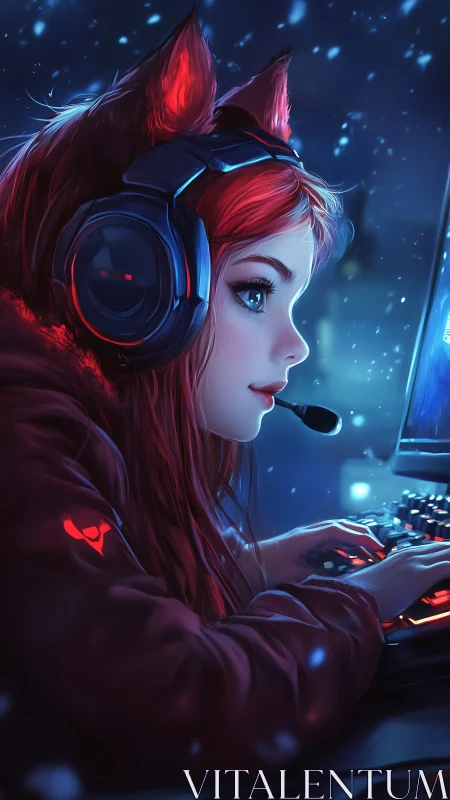 Fox-eared night gamer rides neon blizzard of pixels