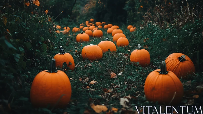 Orange pumpkins scattered along a narrow leafy garden path.