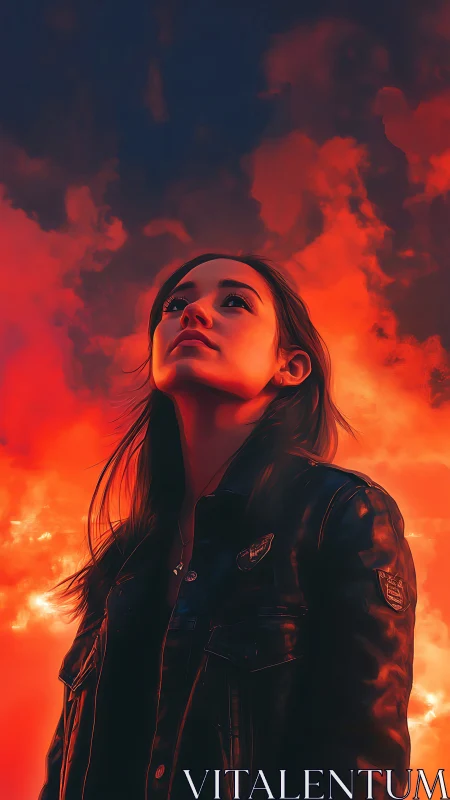 Young woman stands resolute beneath blazing red storm clouds