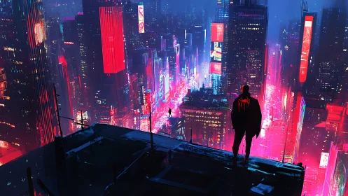 Neon vigilante overlooking electric cyberpunk skyline at night.