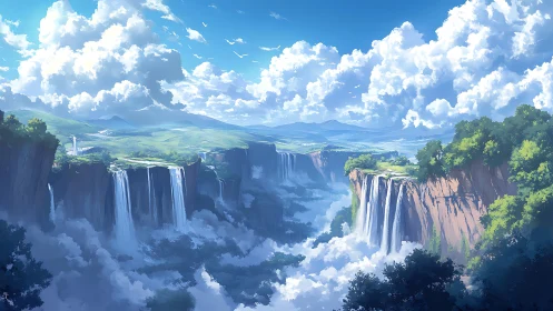 Vast cliff landscape with cascading waterfalls and clouds.
