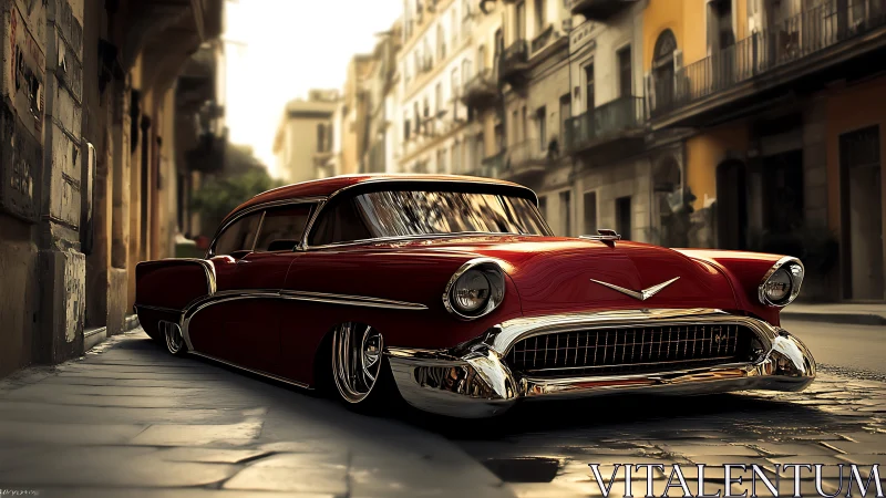 Low-slung red classic car cruising narrow European street.