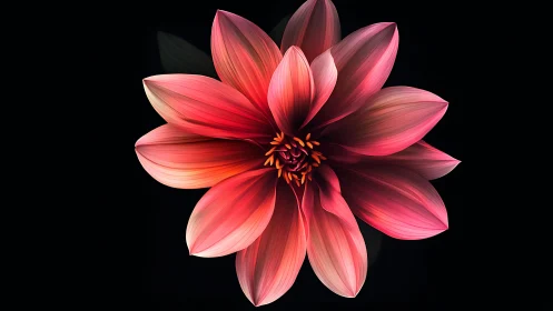Dahlia flower with layered petals, orange center on black background