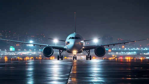 Photorealistic night runway portrait of taxiing airliner frontal.