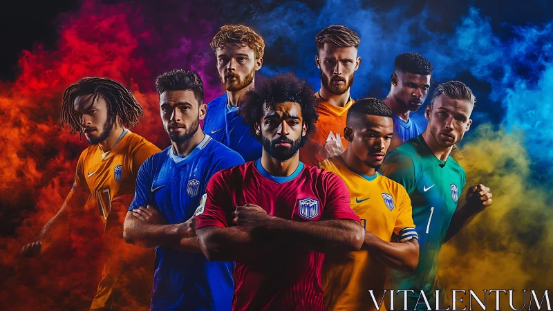 Multicolored football squad posed against smoke backdrop.