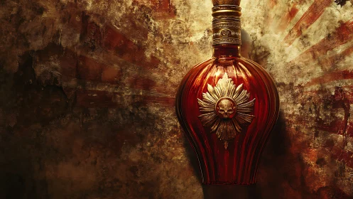 Ornate crimson liquor decanter against distressed gilded wall.