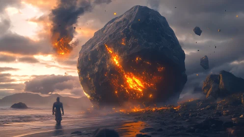 Colossal molten meteorite dominates a storm-lit coastal horizon