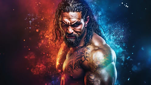 Fierce warrior stands strong in glowing fiery cool light.