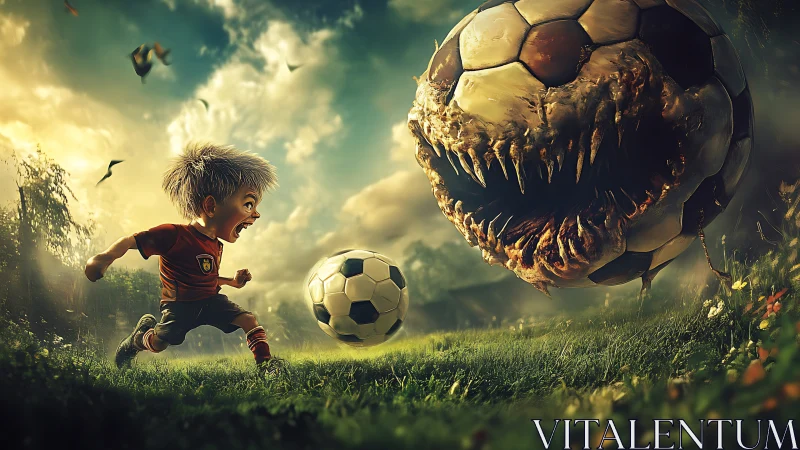 Brave young soccer player confronts monstrous ball on field.