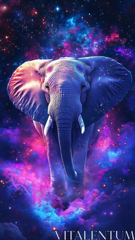 Cosmic elephant strides through neon nebula clouds in space