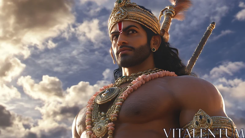 Heroic warrior gazing at the glowing sky with quiet pride.