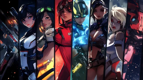 Seven stylized sci fi heroines stand in vertical character panels