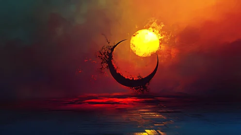 Luminous solar orb intersecting disintegrating crescent horizon.