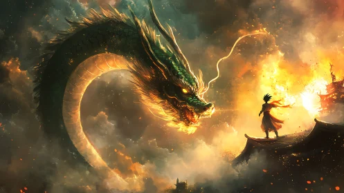 Dragon coils through firestorm sky confronting lone warrior.