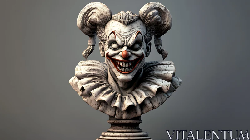 Grotesque clown bust with sinister grin in moody lighting.