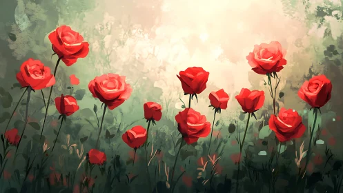 Red Roses in Soft Light: Garden Study in Digital Painting.