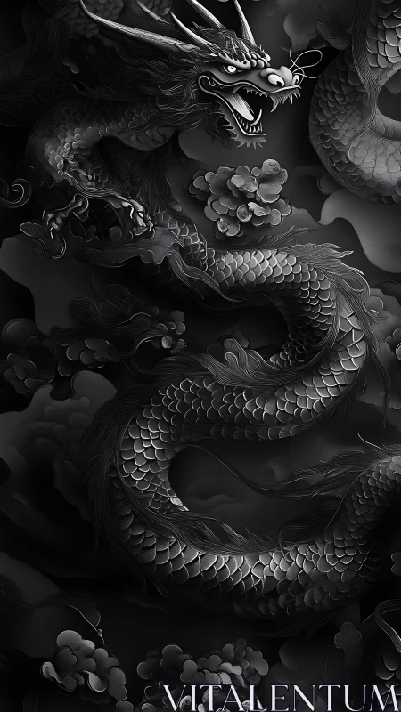 Monochrome serpentine dragon with clouds in vertical frame.
