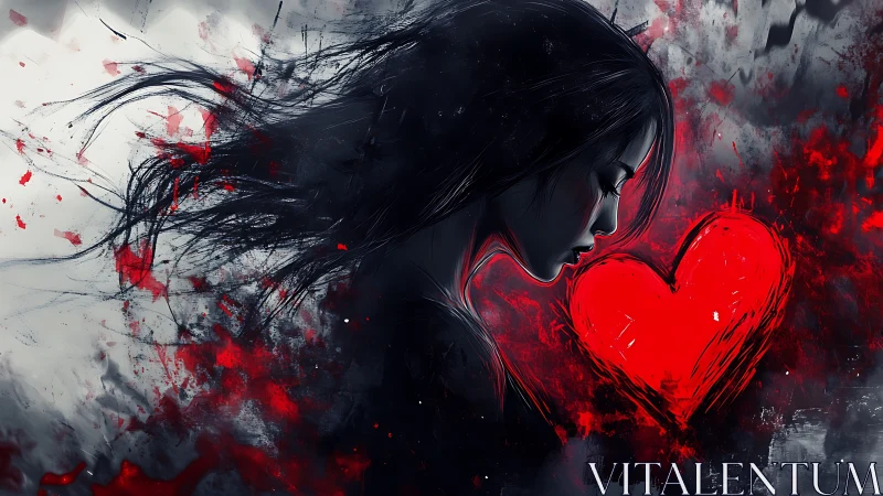 Silhouetted figure with red heart form and dispersed particles