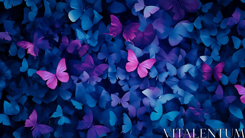 Vibrant blue and purple butterflies in layered digital swarm.