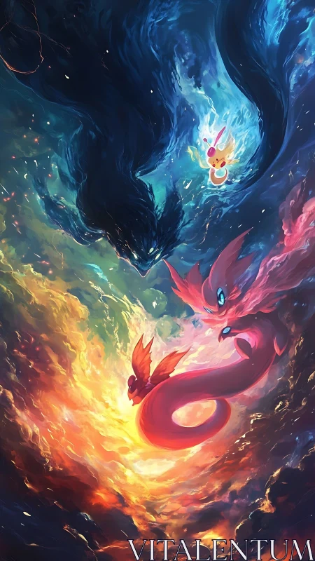 Elemental creatures swirl in vivid cosmic confrontation.