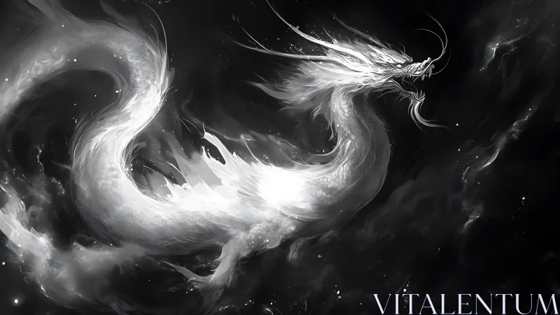 White serpentine dragon arcs through dark abstract space