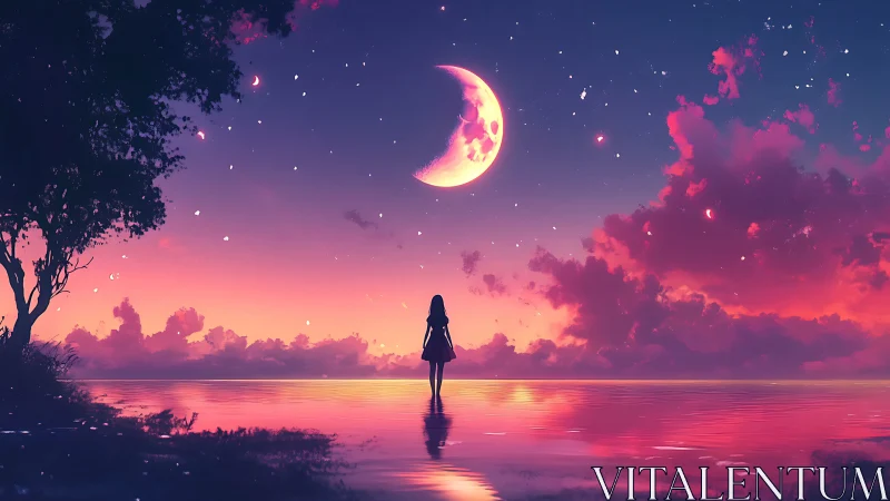 Dreamy crescent moonrise over calm starlit shoreline.