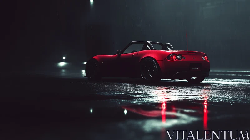 Red convertible sports car parked on wet asphalt at night
